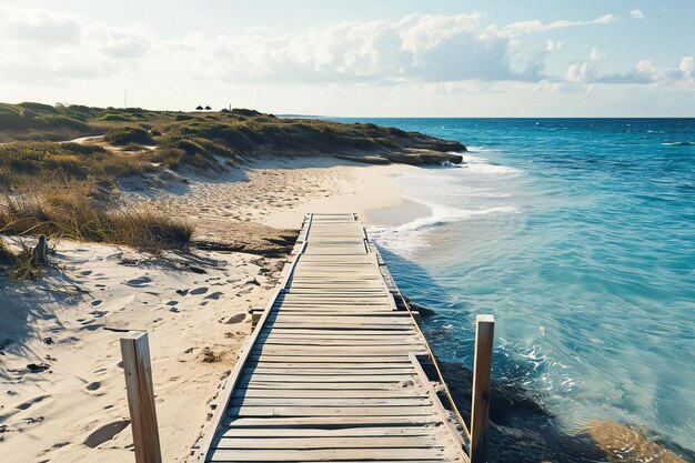 Pier en bois sur la plage avec des dunes et la mer bleue