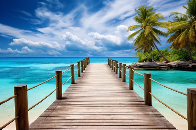 Photo pier ou pont en bois avec plage tropicale