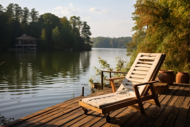 Pier sérénité Quai en bois avec chaise longue entouré de forêt