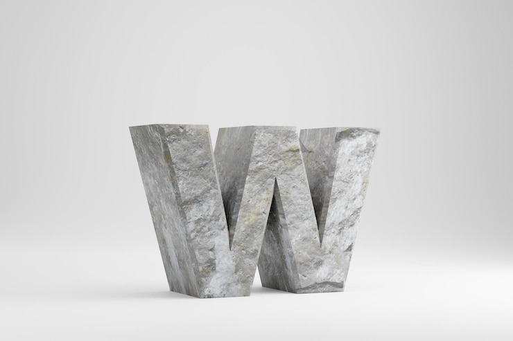 Photo pierre 3d lettre w minuscule. lettre texturée rock isolée sur fond blanc. caractère de police en pierre de rendu 3d.