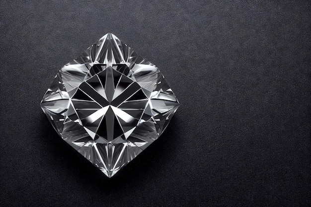 Pierre à facettes transparente en forme de diamant sur fond de diamant noir