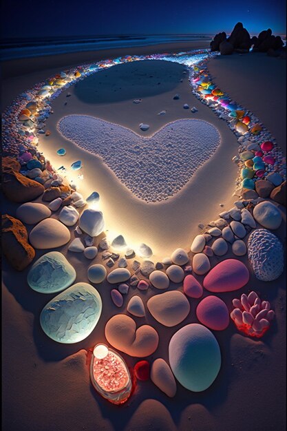 Une pierre en forme de cœur est éclairée par un motif en forme de cœur.