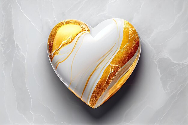 Une pierre en forme de coeur avec de l'or et du marbre blanc dessus.