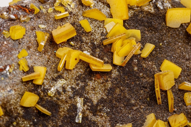 Photo pierre minérale macro wulfénite jaune sur fond blanc