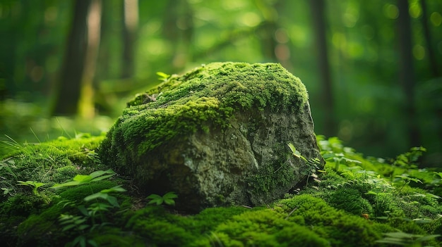 Une pierre mousseuse dans une forêt luxuriante, un gros plan surréaliste mettant l'accent sur la texture.