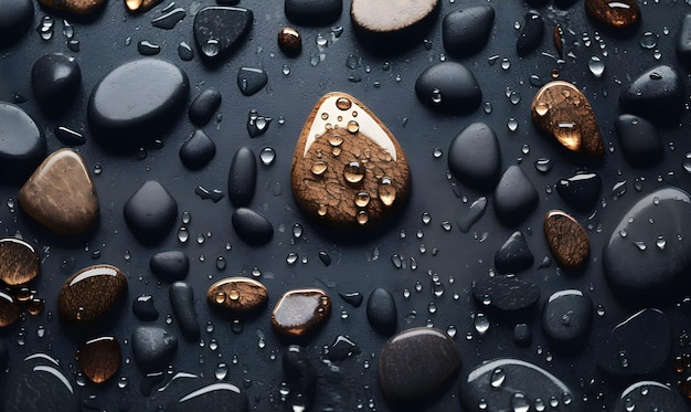 Une pierre noire avec des gouttes d'eau dessus
