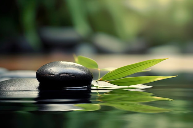 Une pierre noire se trouve dans une piscine avec une feuille verte dessus.