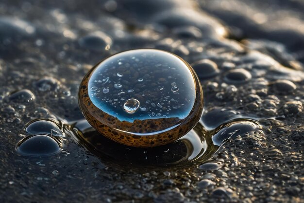 Pierre poli sur l'eau avec des bulles d'air