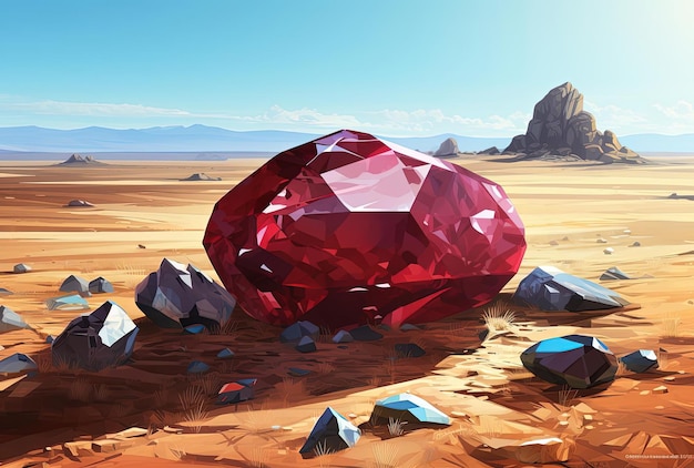une pierre précieuse de couleur rougeâtre foncé située dans le champ avec un désert dans le style du cubisme coloré