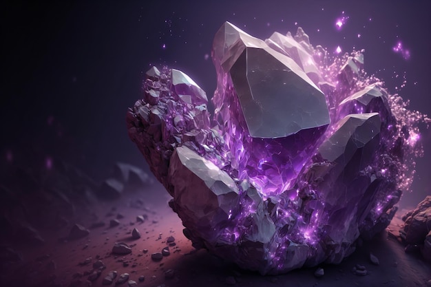 Une pierre précieuse de cristal violet en forme de flux ondulé abstrait rougeoyant, fond de texture de pierre