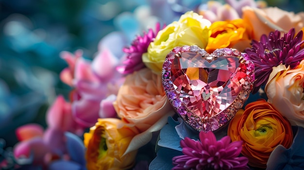 Une pierre précieuse en forme de cœur d'amour avec des fleurs