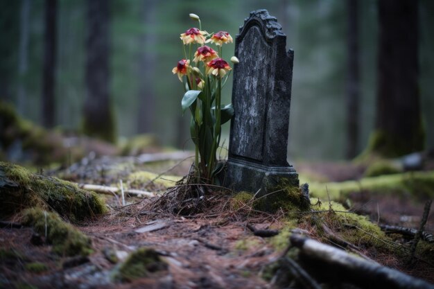 une pierre tombale au milieu d'une forêt avec des fleurs qui en sortent