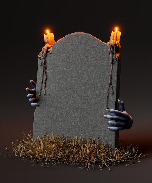 Photo pierre tombale vide avec des bougies allumées et des mains tendues