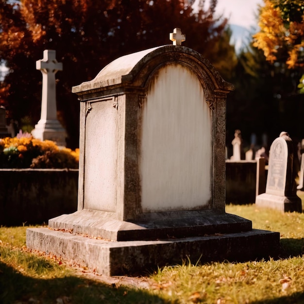 Une pierre tombale vide dans un cimetière, un message de communication de l'enterrement.