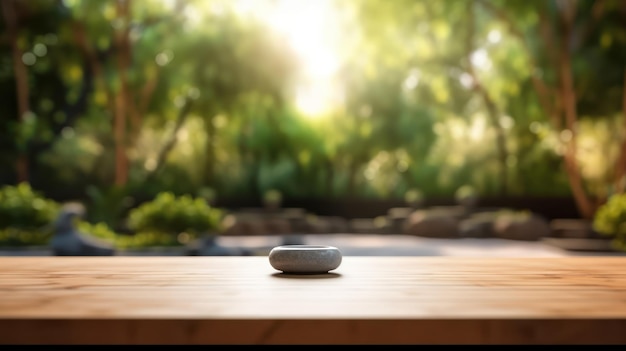 Une pierre zen sur une table en bois devant une forêt.