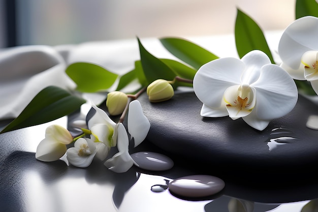 Des pierres de basalte noir pour des traitements de spa avec des fleurs d'orchidées blanches sur une plate-forme d'IA à fond clair