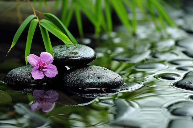 Des pierres de basalte zen et une fleur rose dans l'eau Concept zen