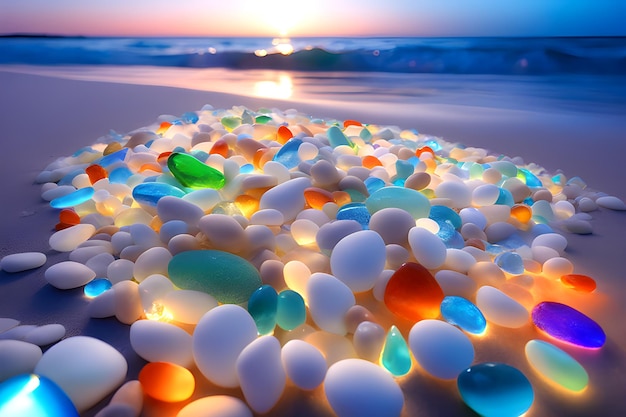 pierres colorées sur la plage au coucher du soleil, mise au point douce et arrière-plan flou