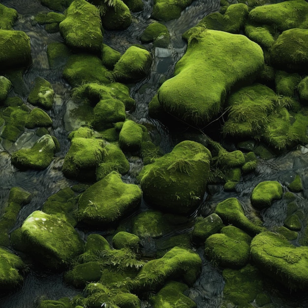 Pierres couvertes de mousse luxuriante dans un ruisseau