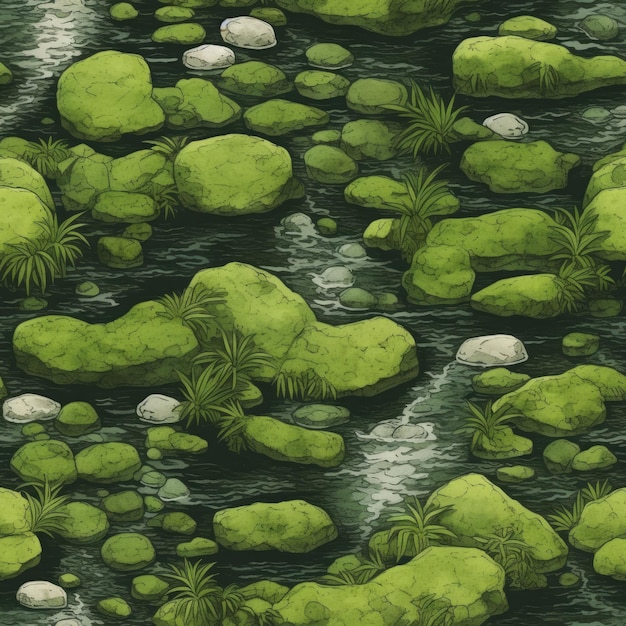 Pierres couvertes de mousse verte luxuriante dans le ruisseau