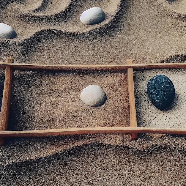 Pierres dans un cadre en bois sur le sable comme concept Zen