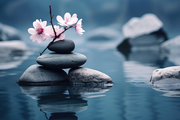 Photo les pierres d'équilibre zen dans les eaux calmes avec des fleurs de cerisier roses ai générative