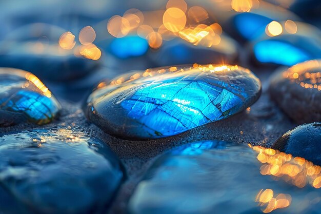 Des pierres de labradorite avec une lumière bleue magique sur la plage