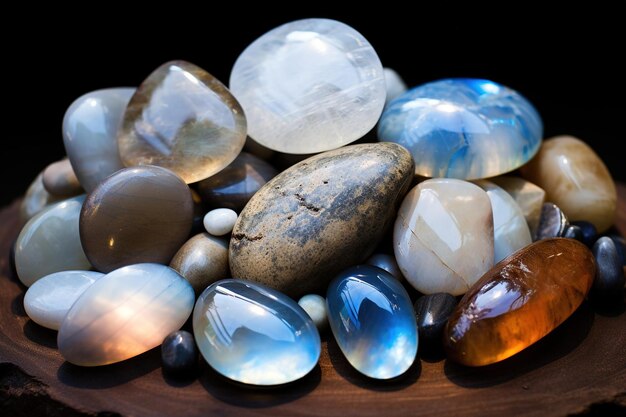 Photo des pierres de lune et des labradorites exposées sous la pleine lune pour souligner leur luminescence