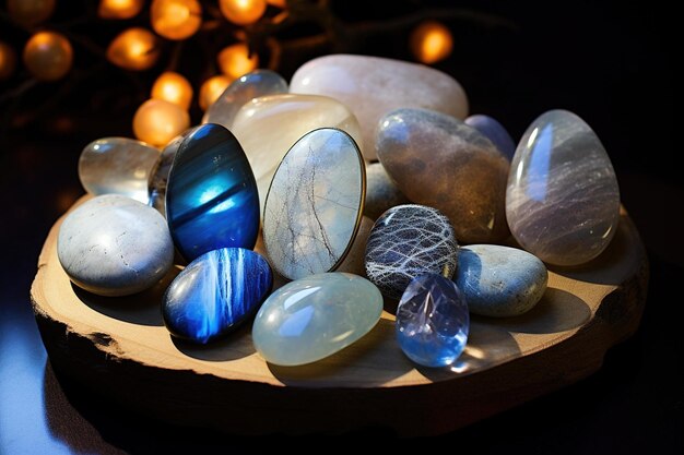 Photo des pierres de lune et des labradorites exposées sous la pleine lune pour souligner leur luminescence