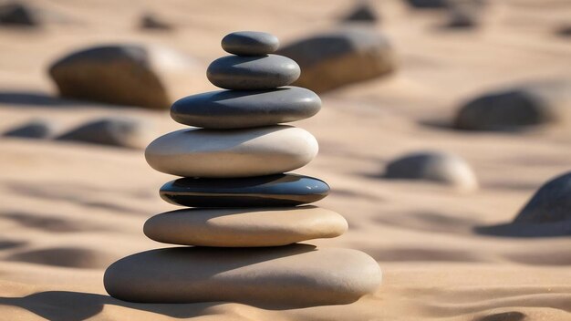 Des pierres de marbre zen empilées sur un fond de sable dans le concept de pleine conscience