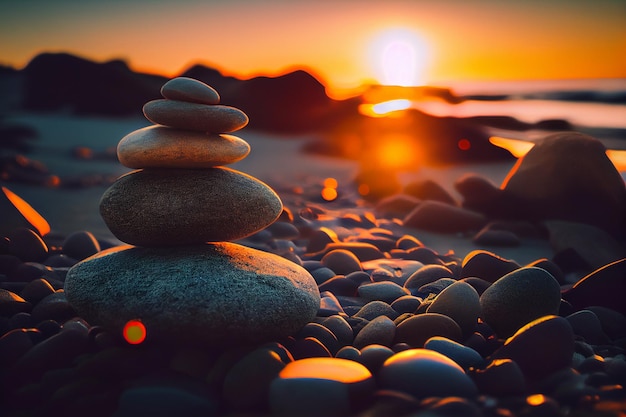 Pierres sur une plage de galets au coucher du soleilgénérative ai