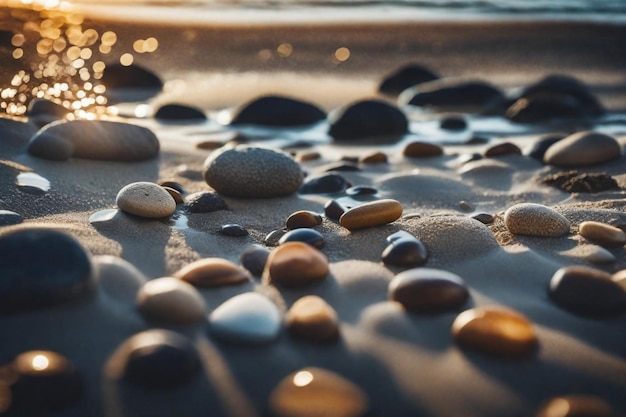 des pierres sur la plage avec le soleil qui se couche derrière elles