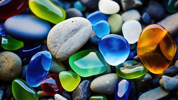 Pierres précieuses colorées dispersées sur une plage