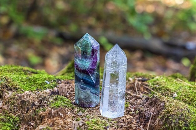 Pierres précieuses fluorite, cristal de quartz. Rock magique pour rituel mystique, sorcellerie wiccan et pratique spirituelle sur souche en forêt