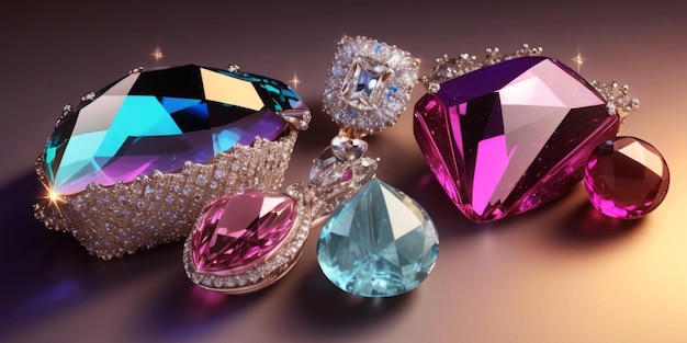 Des pierres précieuses multicolores, des bijoux, des diamants en gros plan.