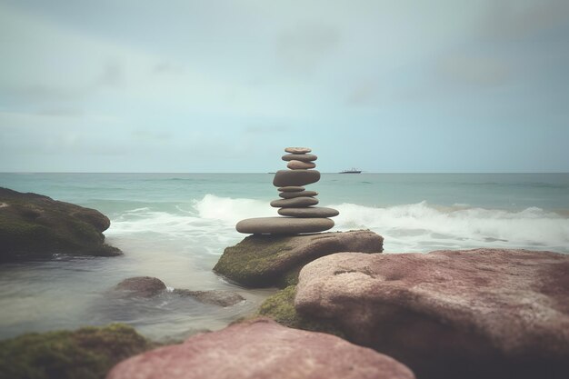 Les pierres pyramidales s'équilibrent sur le sable de la plage L'objet est net, l'arrière-plan est flou Réseau de neurones généré par l'IA