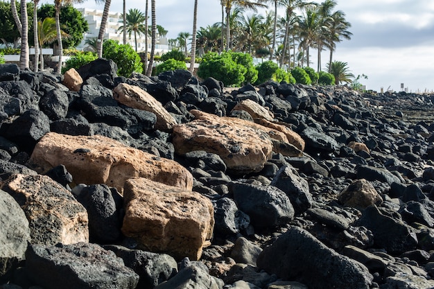 Pierres s'ouvrant à marée basse. Plage à Costa Teguise. Island Lanzarote, Espagne.