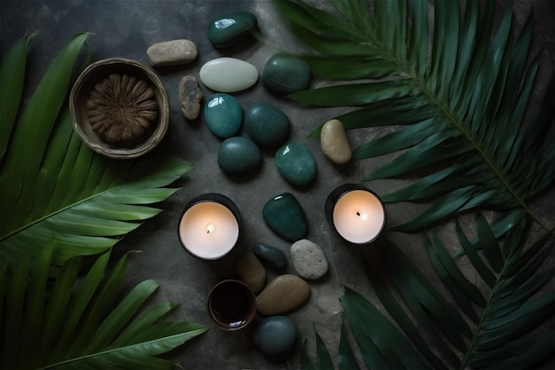 Des pierres de spa et des bougies avec des feuilles de palmier sur un fond sombre vue supérieure du contenu généré par l'IA