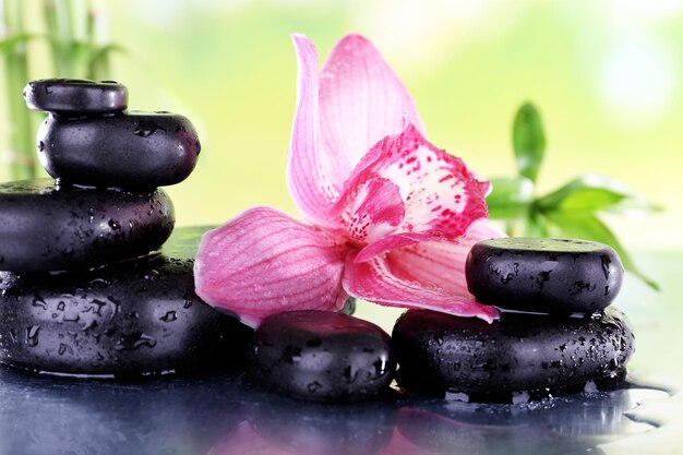 Des pierres de spa, des branches de bambou et des orchidées lilas sur une table sur un fond naturel.