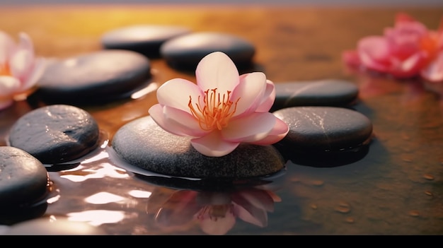 Pierres de spa zen avec des fleurs Generative Ai