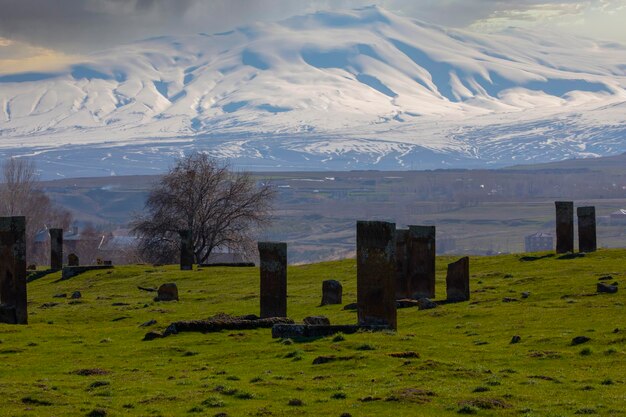 Pierres tombales anciennes dans le cimetière historique des Turcs Selcuk du XIIe siècle dans la ville d'Ahlat
