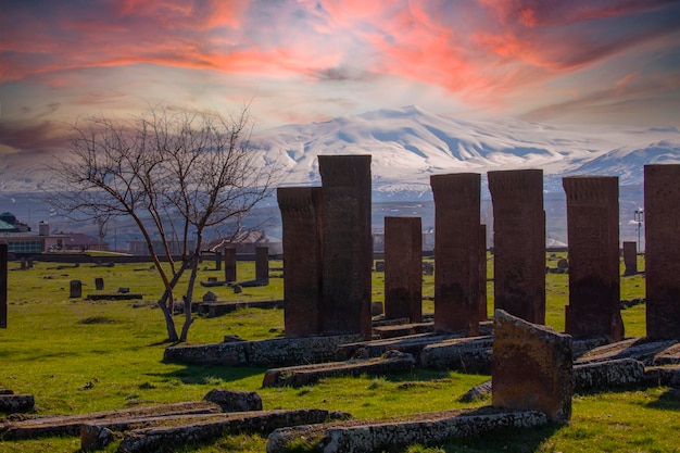 Pierres tombales anciennes dans le cimetière historique des Turcs Selcuk du XIIe siècle dans la ville d'Ahlat