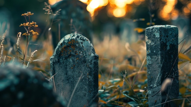 Des pierres tombales dans un cimetière couvert d'herbe