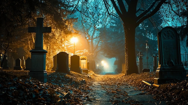 Les pierres tombales peuvent être vues sur le fond de l'obscurité la nature paisible et calme du cimetière nocturne