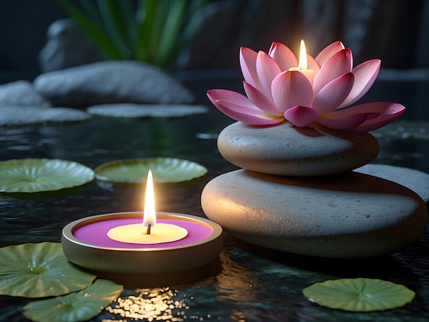 des pierres zen avec des bougies et des fleurs de lotus en arrière-plan