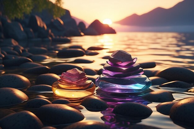 Photo des pierres zen dans l'eau avec un coucher de soleil en arrière-plan