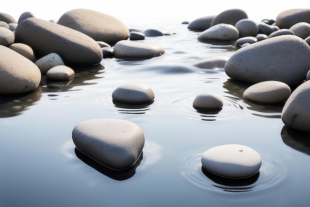 Des pierres zen dans l'eau sur écran large avec un fond blanc