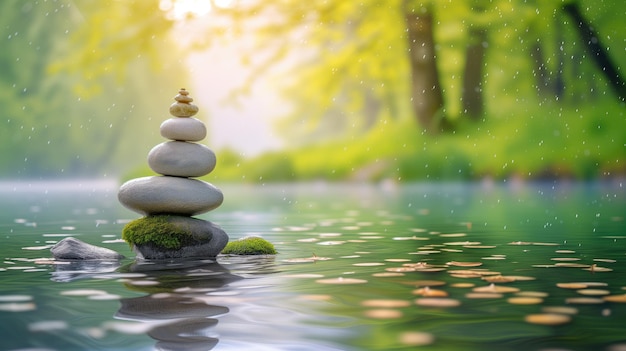 Des pierres zen dans l'eau avec un fond de forêt brumeuse