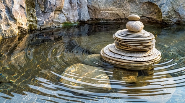 Des pierres zen dans l'eau avec un reflet ondulé