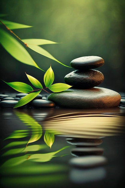 Photo pierres zen sur l'eau et le concept de spa de fond en bambou ai générative